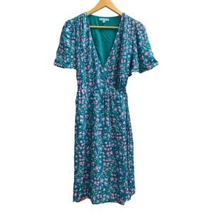 NWT DRAPER JAMES RSVP Sz S floral short sleeve wrap dress flutter sleeves teal